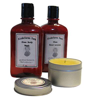 Soy candles, body wash and hand lotion created by Kinderhaven Farm.