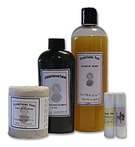 A selection of skin and personal care products handmade by Kinderhaven Farm.